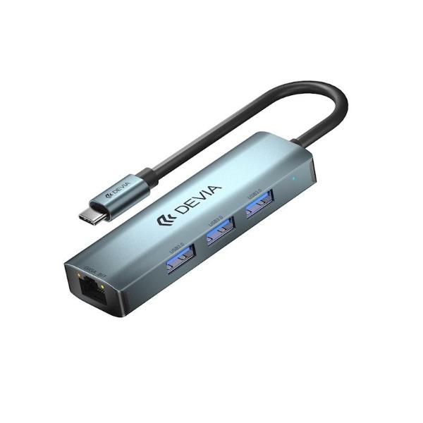 Adaptador HUB 4 en 1 Devia EC621 USB-C 3.1 a 3x USB 3.0 + RJ45 Gris Oscuro